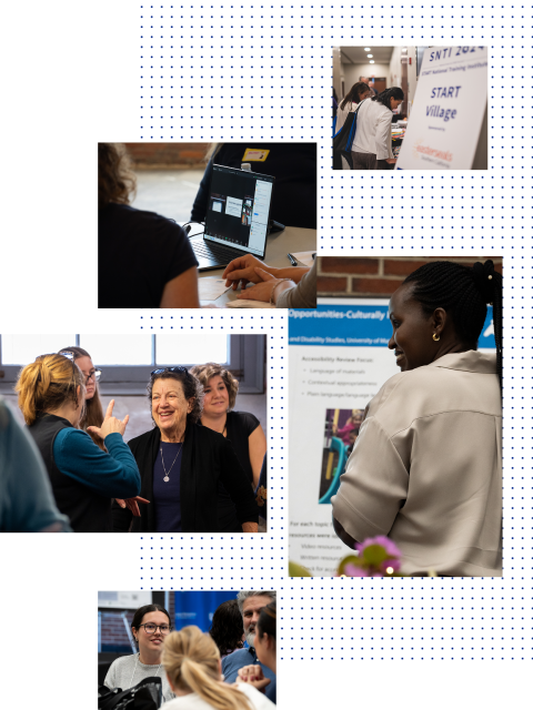 A collage of photos of diverse people at IOD trainings. Some people are looking at materials, some are communicating with ASL, others are connecting via online meetings or talking at poster sessions.
