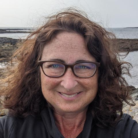 Debra Brucker is a woman with curly auburn hair, wearing glasses and standing in front of a rocky oceanside