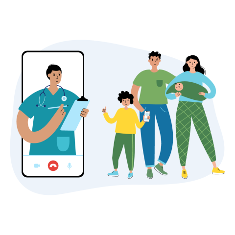 illustration of a family connecting with their doctor via a telehealth video call on their smartphone