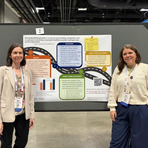 Two women stand in front of a poster entitled “Educating dental providers on delivering disability-competent care: a roadmap to translating a successful healthcare provider training to oral health professionals”. 